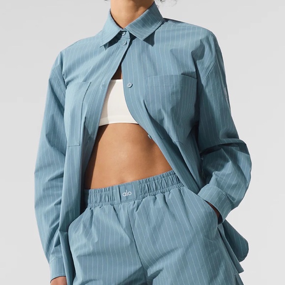 ALO Yoga Tops - Alo Yoga Pinstripe Daylight Button Down Long Sleeve Dark Celestial Blue/White S